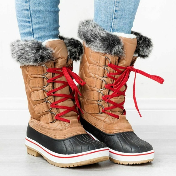 NEW🔥 Waterproof Lace Up Faux Fur Snow Mid Calf Duck Boots Rubber Lug Platform - Picture 2 of 6